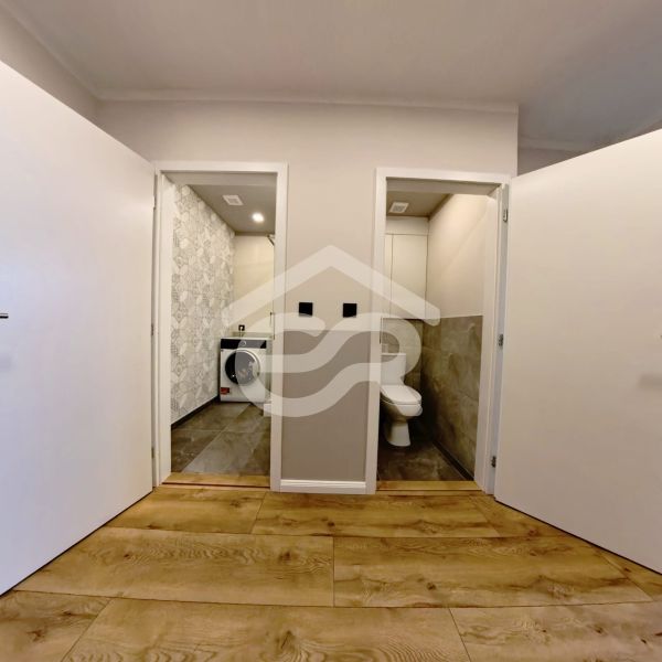 Hallway and bathroom in a 3-room apartment with a wooden decor floor.