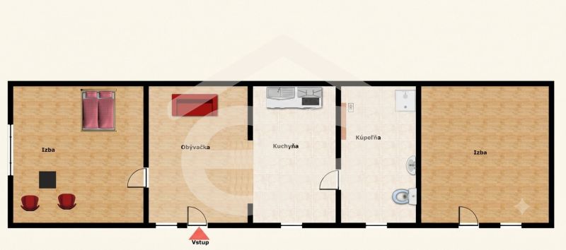 Floor plan of a family house with three rooms, a living room, and a kitchen.