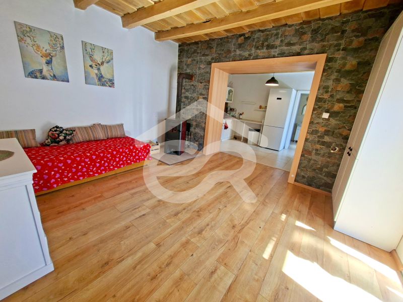 A wooden decor floor in a family house with a stone wall and deer decoration.