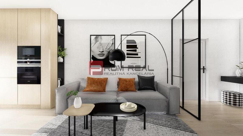 Living room in a two-room apartment with a sofa, decorations, and a wooden-patterned floor.