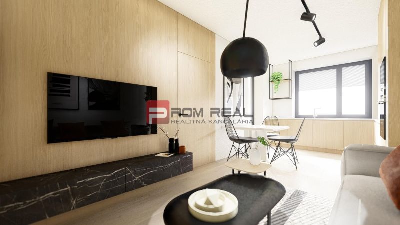 Bright living room with wood-patterned flooring, a dining table, and black lighting.