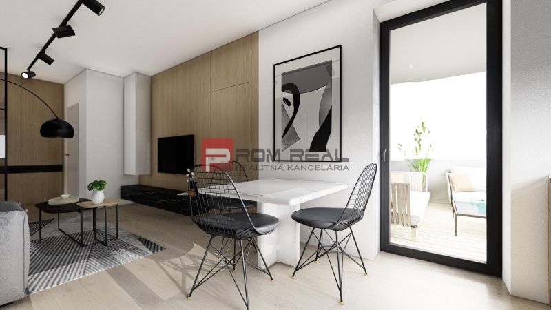 Interior of a 2-room apartment with a wooden decor floor, dining area, and balcony.