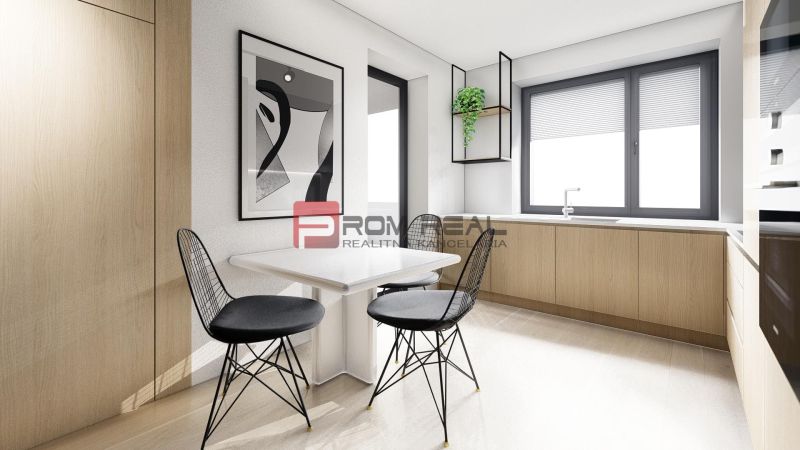 A stylish kitchen in a 2-room apartment with decorative chairs and wooden decor.