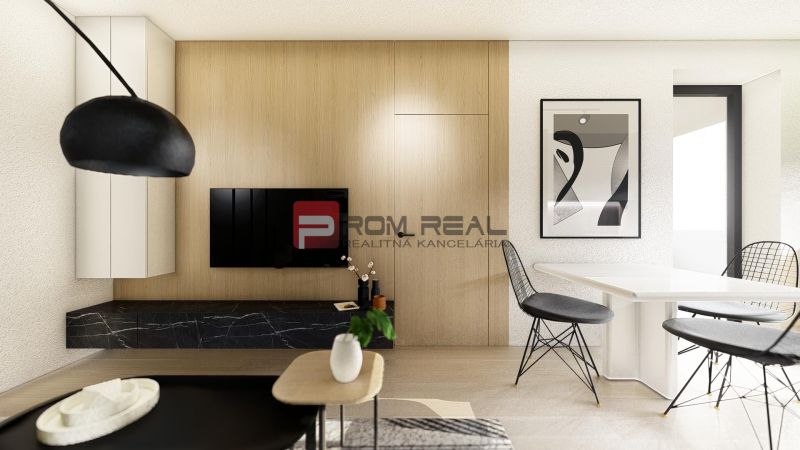 Interior of a 2-room apartment with a wooden decor floor, a table, and an art painting.