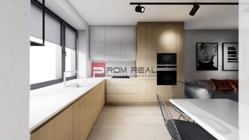 A kitchen in a 2-room apartment with a wooden decor floor, light cabinets, and a large window.