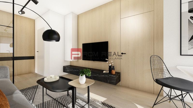 Living room with wood-patterned flooring in a 2-room apartment, black armchair and table.