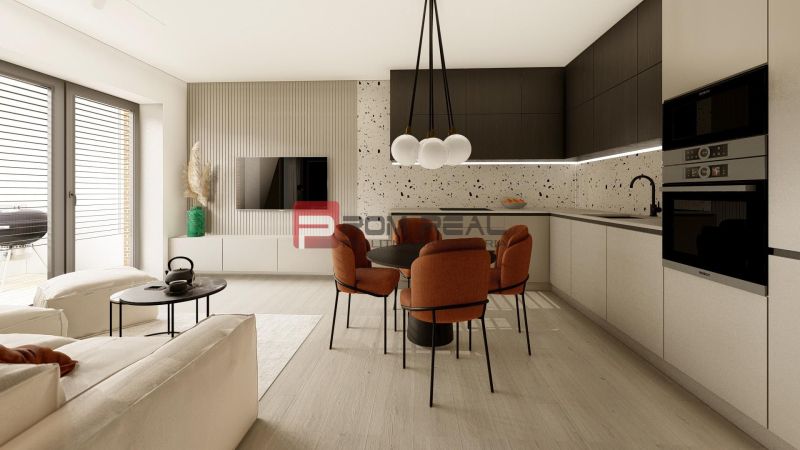 Living room in a 3-room apartment with a wooden decor floor and an open kitchen.