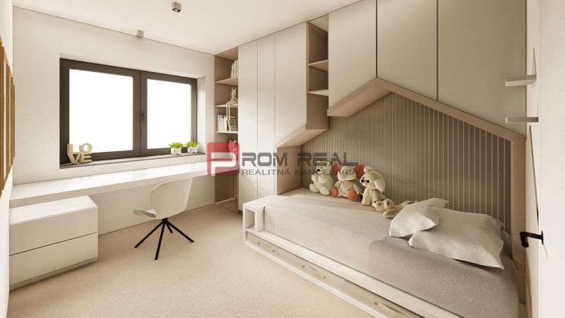 Children's room in a 4-room apartment, white bed, toys, desk, and window.