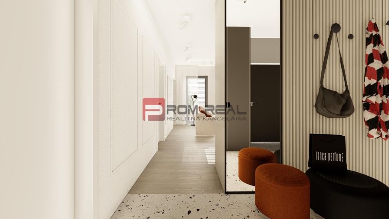 A corridor with a wooden decor floor; a 4-room apartment with modern amenities.