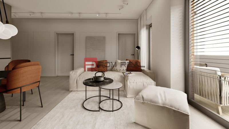 A bright living room with wood-patterned flooring, a comfortable sofa, and glazing in a three-room apartment.