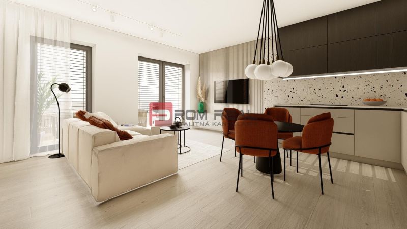 Living room with wood-patterned flooring, a sofa, and a dining area in a 4-room apartment.
