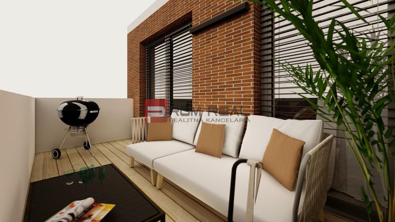 Garden terrace of a 3-room apartment with a grill and rattan furniture on a floor with wooden decor.