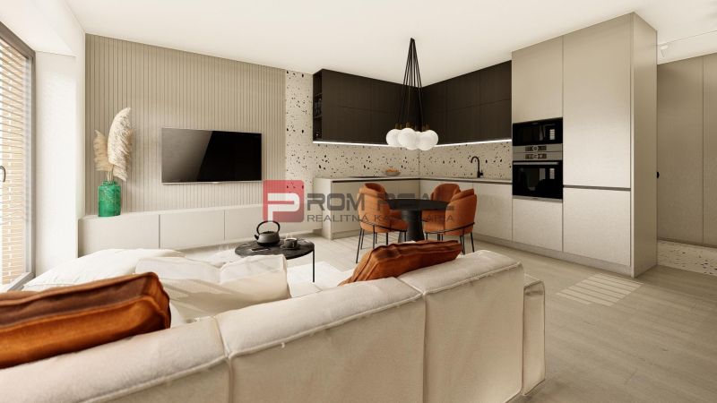 Living room with kitchen in a 3-room apartment with a wooden decor floor and brown accessories.