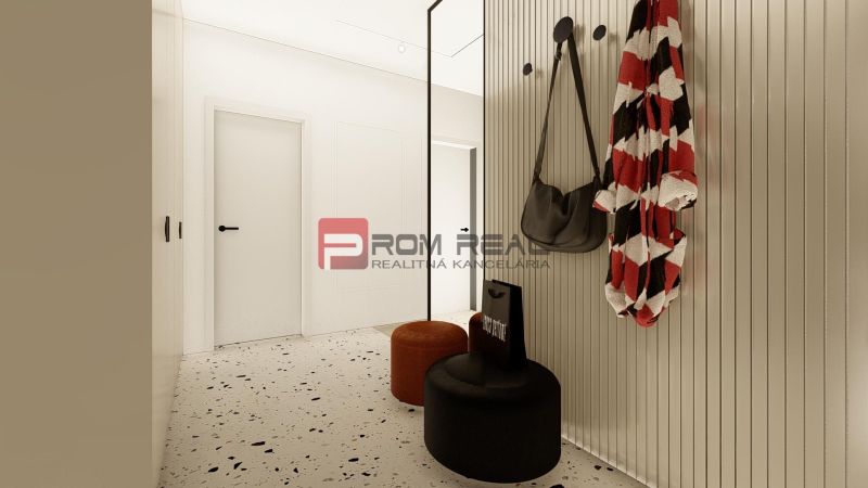 Cozy hallway of a 3-room apartment with a terrazzo floor and simple furniture.