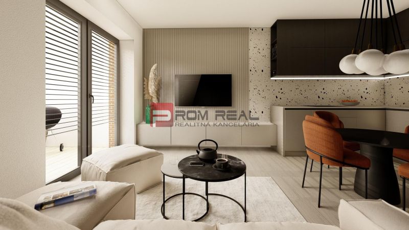 Living room in a 3-room apartment with a terrace and a wooden decor floor.