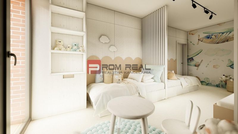Children's room with patterned wallpaper and toys in a 4-room apartment, floor with wooden decor.