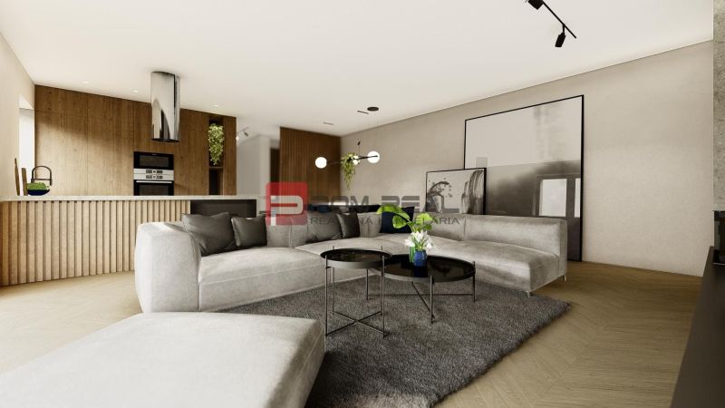 A spacious living room in a 4-room apartment with a wooden decor floor and comfortable seating.