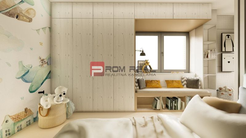Children's room with wall drawings and storage spaces in a 4-room apartment.