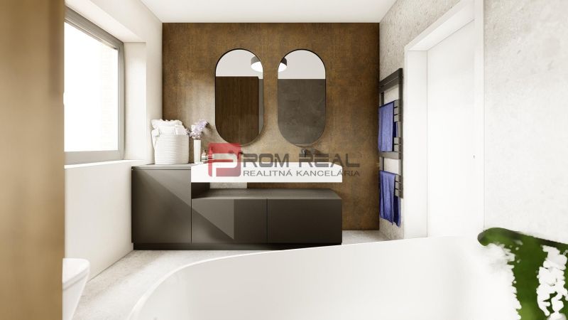 A bathroom with mirrors and dark furniture in a 4-room apartment, elegant design.