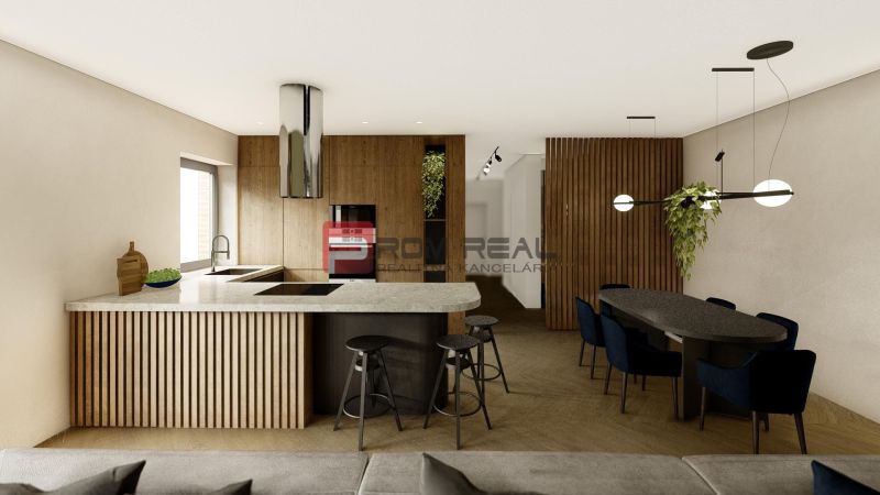 Kitchen with dining area in a 4-room apartment. Floor with wood decor, elegant lighting.