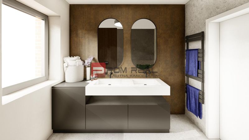 Modern bathroom with double sink in a 4-room apartment, with a basket and mirrors.