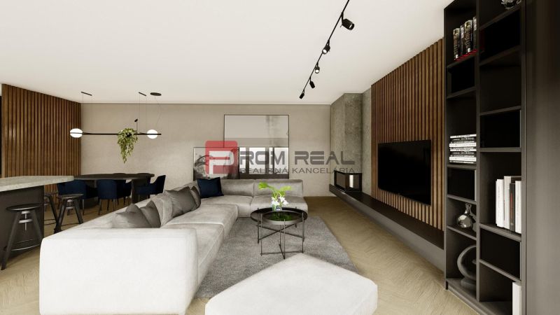 Stylish 4-room apartment with wood-patterned flooring and elegant seating.