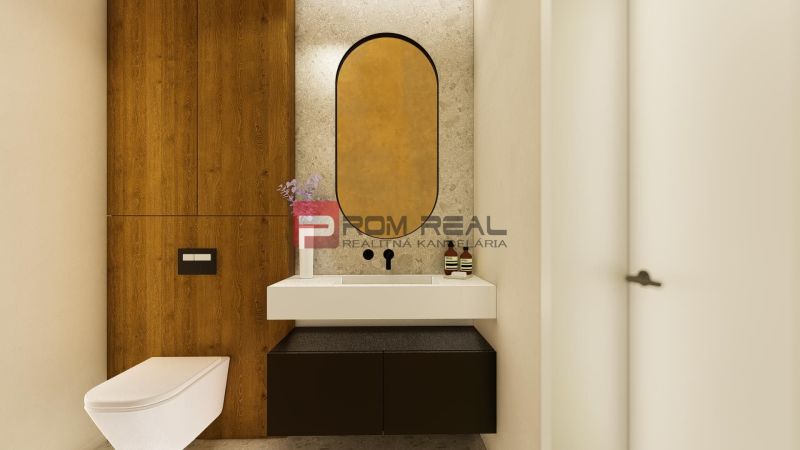 Bathroom in a 4-room apartment with a large mirror and a floor with a wooden decor.