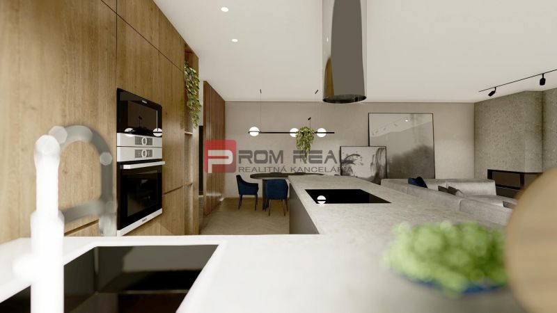 A kitchen in a 4-room apartment with an island, wooden decor, and pendant lights.