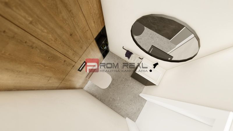 A bathroom in a 4-room apartment with a wood-patterned floor and a wall mirror.