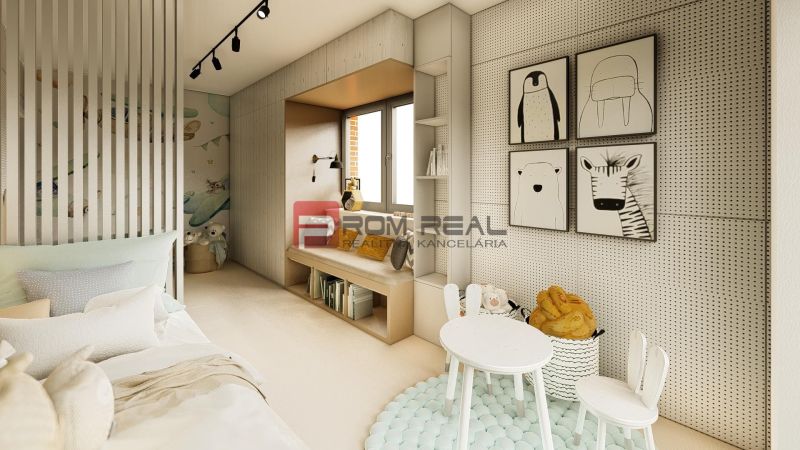 A children's room in a 4-room apartment with furniture, decorations, and cozy seating.
