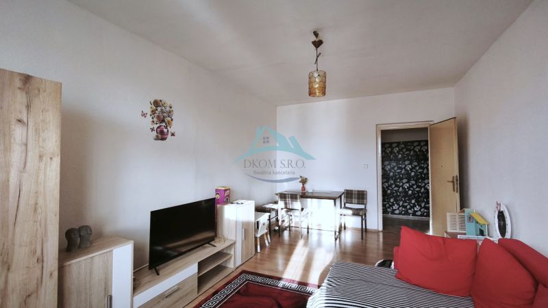 Living room in a two-room apartment with red cushions and a wooden decor floor.