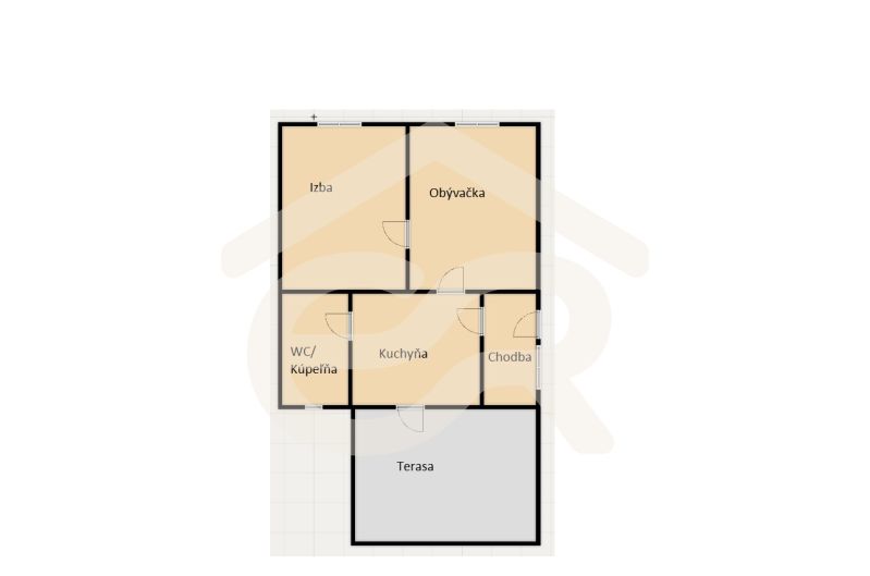 Floor plan of a family house: terrace, kitchen, living room, bedroom, toilet/bathroom, hallway.