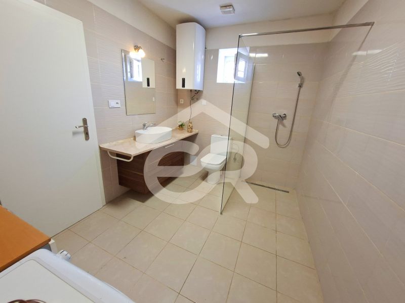 Bathroom in a family house with a sink, shower, and toilet.