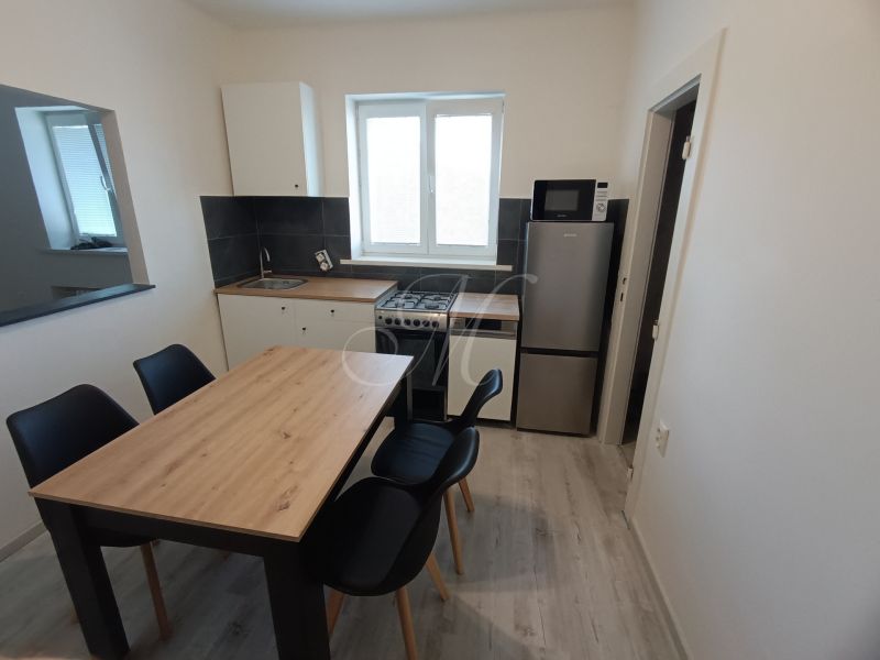 Kitchen in a 2-room apartment with a dining table and kitchen unit.