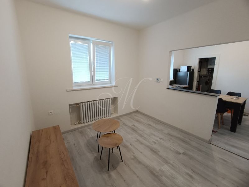 Living room in a two-room apartment with a wooden decor floor and simple furniture.