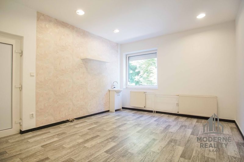 A room in an office with a wooden decor floor, a sink, and a window.