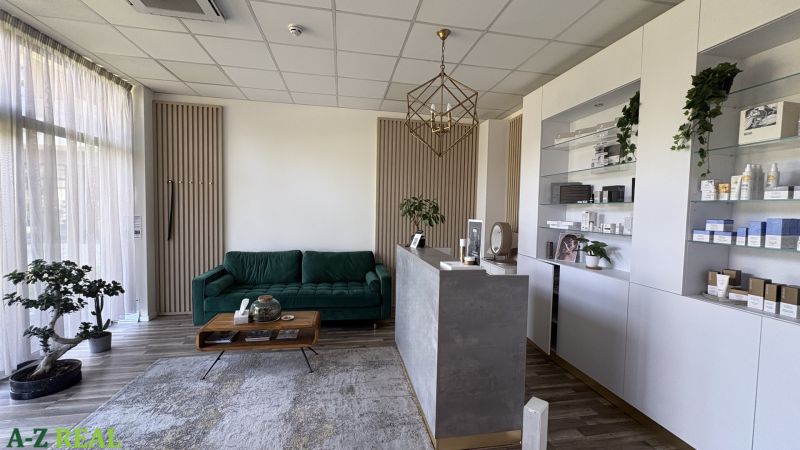 Commercial premises with a wood-patterned floor, a reception desk, and a green sofa.