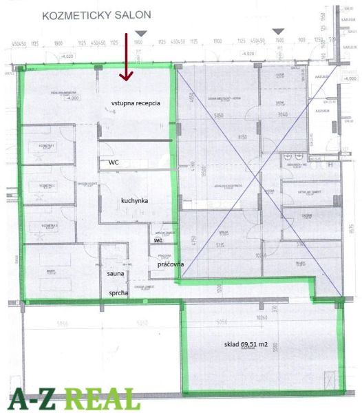 The floor plan of the beauty salon includes an entrance reception, kitchenette, toilet, sauna, and storage.