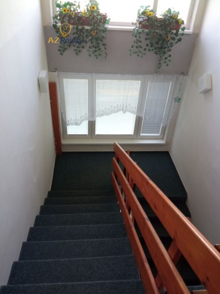 A staircase with carpet and railing, with curtains and floral decorations on the windows.