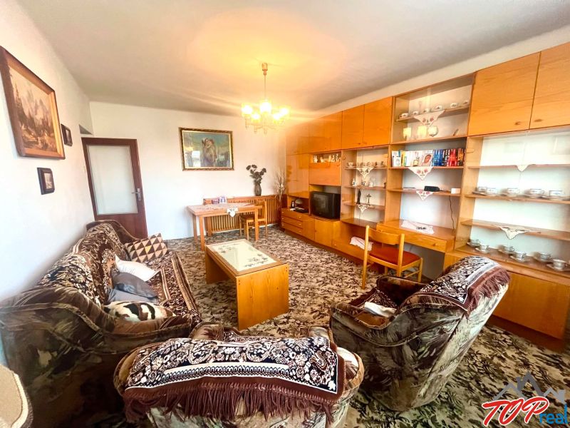 Living room in a family house with classic furniture and a patterned carpet.