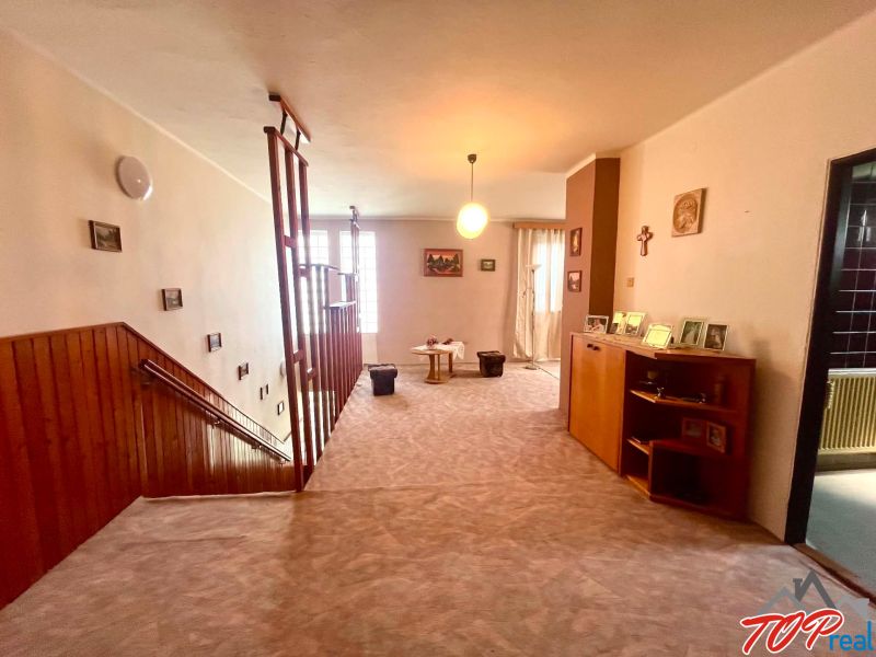 Interior of a family house with wooden paneling and carpet on the floor.