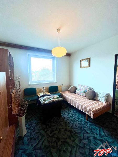 A room in a family house with a carpet, a sofa, and a table under a pendant light.