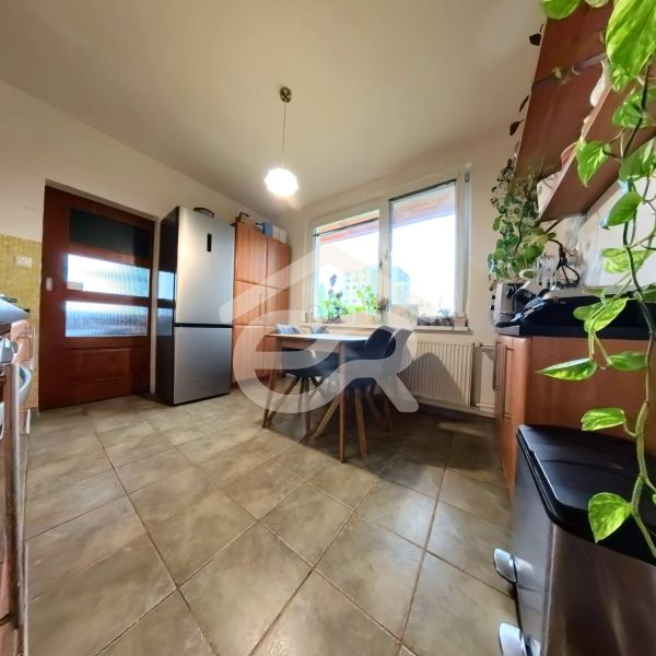 A kitchen with a table and chairs, a refrigerator, a cabinet, and plants in a 4-room apartment.