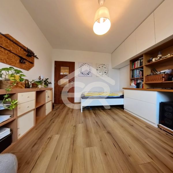 A room in a 4-room apartment with a bed, shelves, plants, and a floor with a wooden decor.