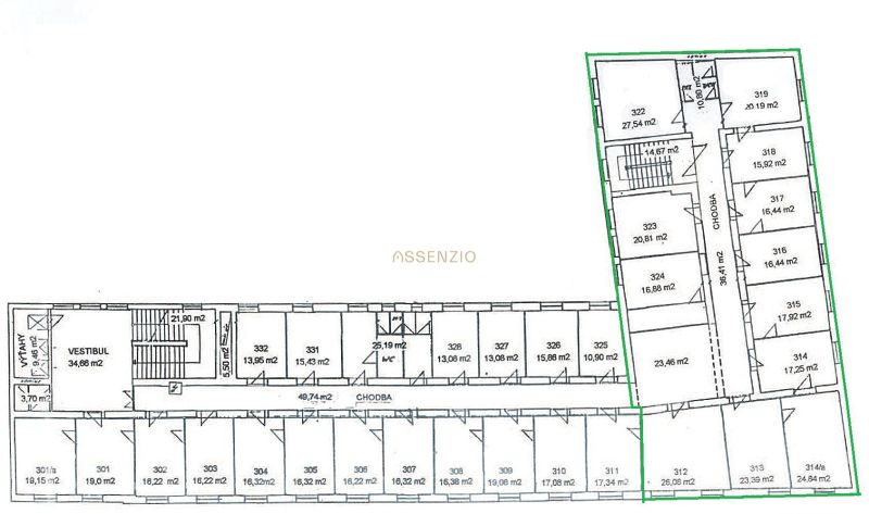 Floor plan of offices with rooms and square meters at Odborárske námestie in Staré Mesto.