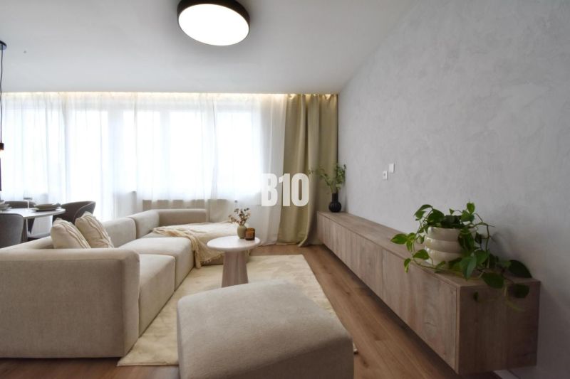 Living room in a 4-room apartment with a couch, table, and floor with a wooden decor.