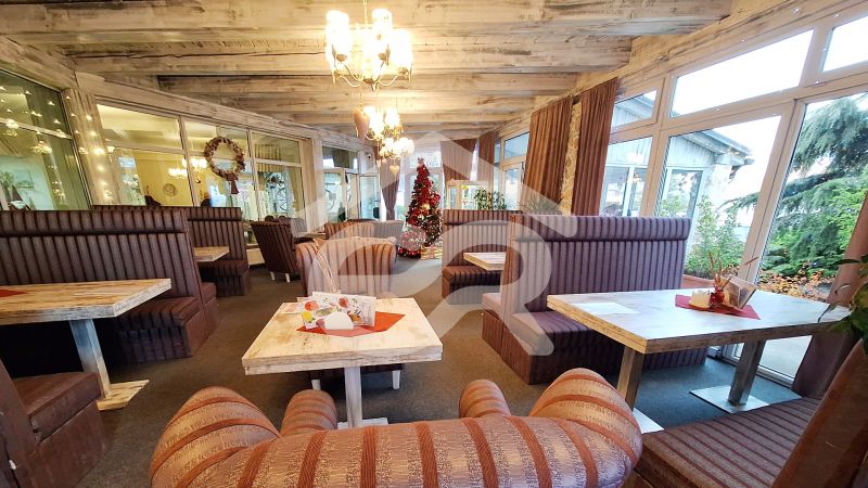 Interiors of hotels and guesthouses with comfortable sofas, wooden tables, and Christmas decorations.