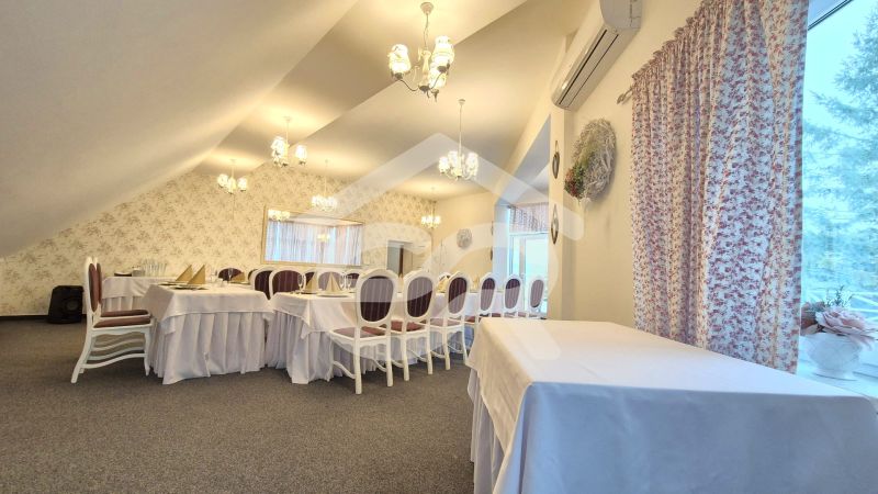 Interior with a set table, chairs, floral curtains, and lighting. Hotels and guesthouses.