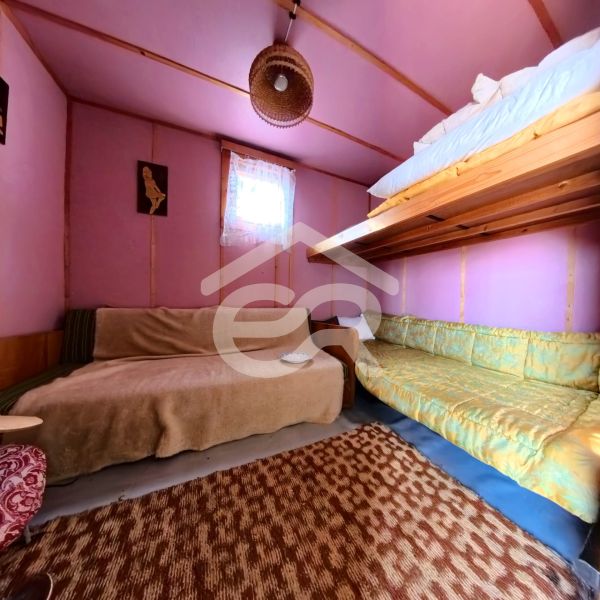 A cottage with pink walls, a bunk bed, and colorful couches.