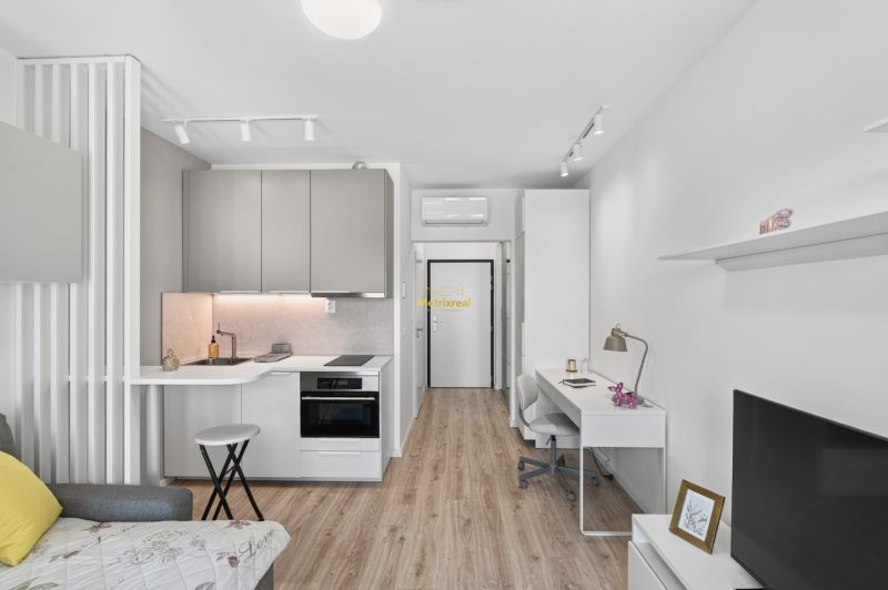 Studio apartment with a kitchenette, wooden floor, and a desk.
